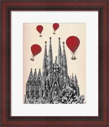 Framed Sagrada Familia and Red Hot Air Balloons Print
