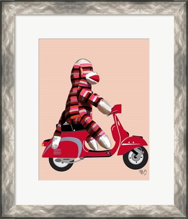 Framed Sock Monkey on Red Moped Print