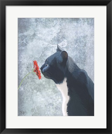 Framed Black Cat Sniffing Flower Print