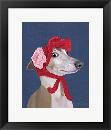 Framed Greyhound with Red Woolly Hat Print