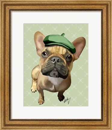 Framed Brown French Bulldog with Green Hat Print