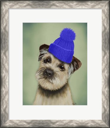 Framed Border Terrier with Blue Bobble Hat Print