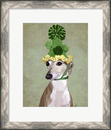 Framed Greyhound in Green Knitted Hat Print