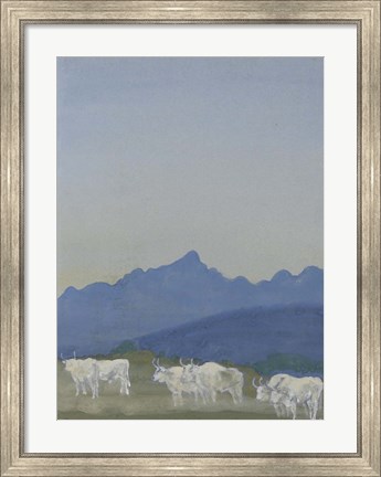 Framed Three Pairs of White Bulls in Front of the Mountains Print