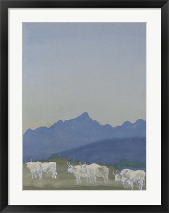 Framed Three Pairs of White Bulls in Front of the Mountains Print