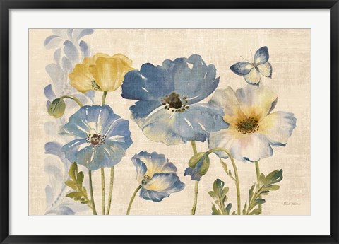 Framed Watercolor Poppies Blue Landscape Print