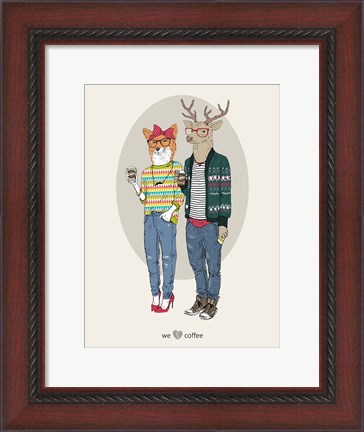 Framed Fox Girl And Deer Boy Hipsters Print