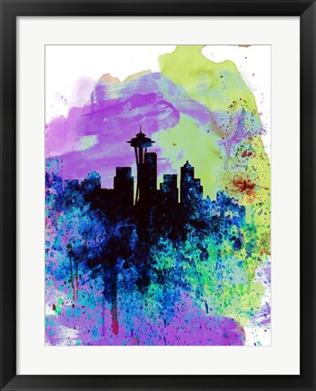 Framed Seattle Watercolor Skyline 1 Print