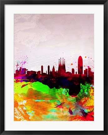 Framed Barcelona Watercolor Skyline Print