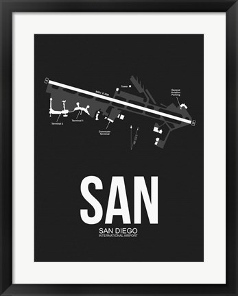 Framed SAN San Diego Airport Black Print