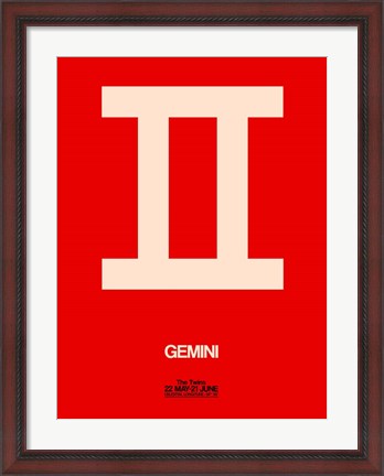 Framed Gemini Zodiac Sign White on Red Print