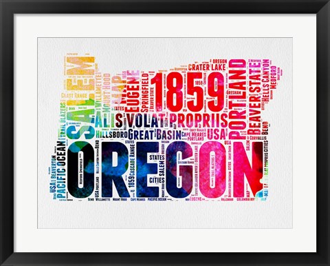 Framed Oregon Watercolor Word Cloud Print