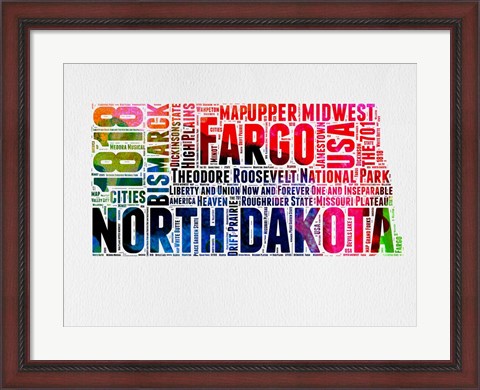 Framed North Dakota Watercolor Word Cloud Print