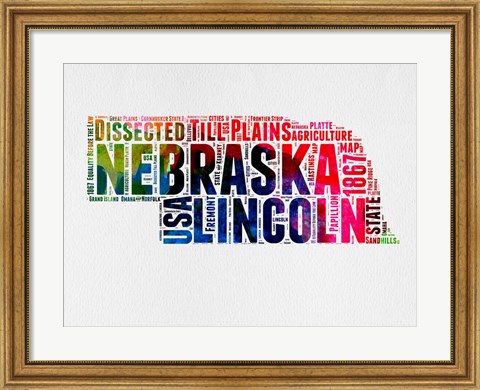 Framed Nebraska Watercolor Word Cloud Print