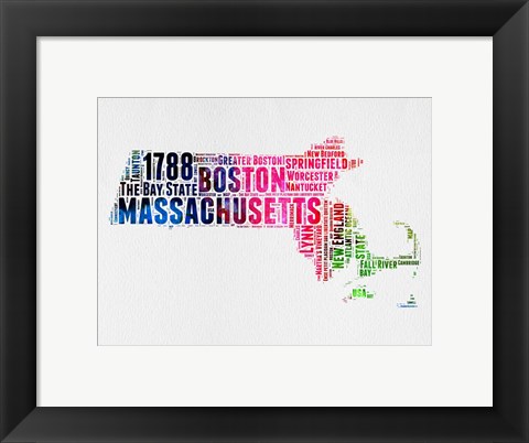 Framed Massachusetts Watercolor Word Cloud Print