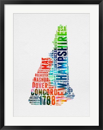 Framed New Hampshire Watercolor Word Cloud Print