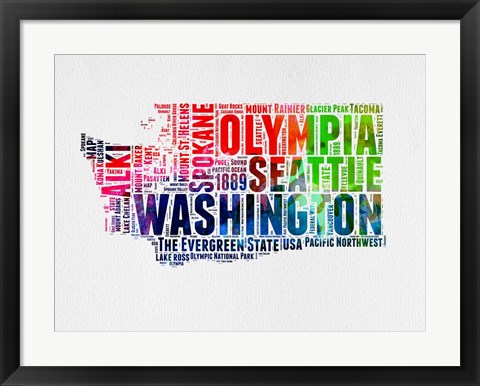 Framed Washington Watercolor Word Cloud Print