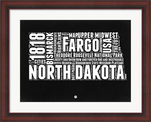 Framed North Dakota Black and White Map Print