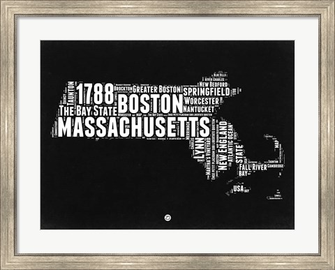 Framed Massachusetts Black and White Map Print