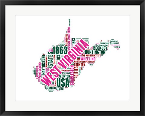 Framed West Virginia Word Cloud Map Print