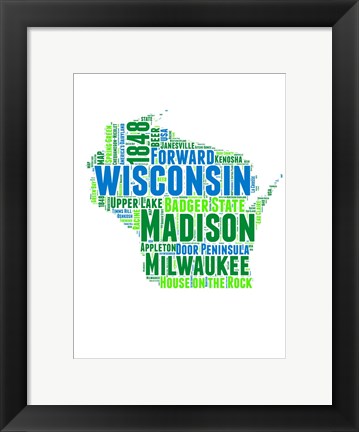 Framed Wisconsin Word Cloud Map Print