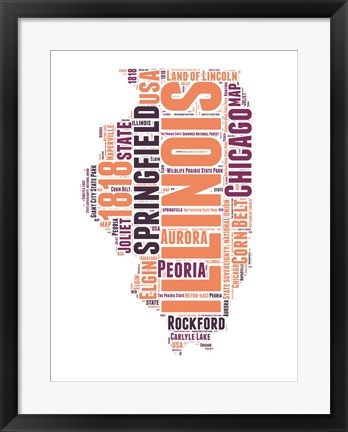 Framed Illinois Word Cloud Map Print