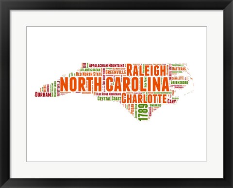 Framed North Carolina Word Cloud Map Print