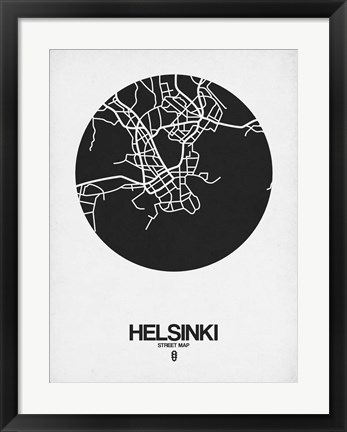 Framed Helsinki Street Map Black on White Print