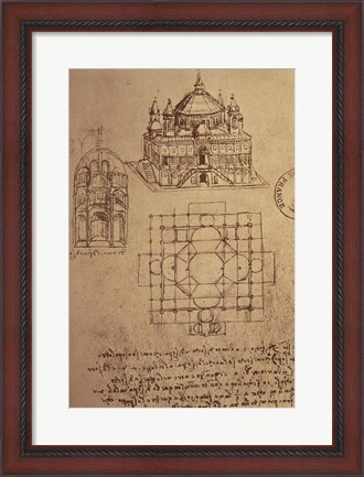 Framed Sketch of a Square Church with Central Dome &amp; Minaret Print