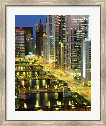 Framed Skyscrapers at Night, Chicago River, Illinois Print