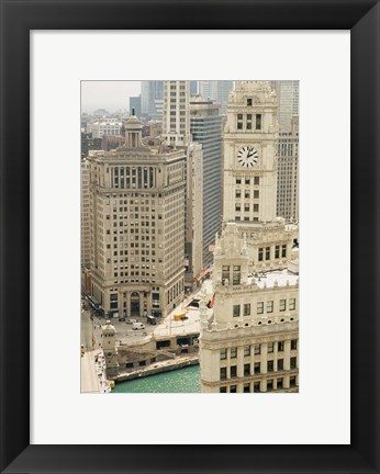 Framed Clock tower along a river, Wrigley Building, Chicago River, Chicago, Illinois, USA Print