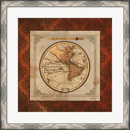 Framed Red Damask Map I Print