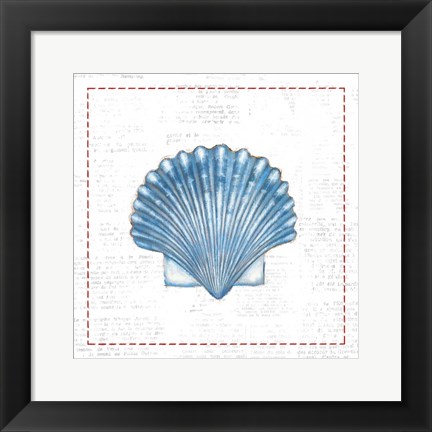 Framed Navy Scallop Shell on Newsprint with Red Print