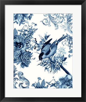 Framed Bird &amp; Branch in Indigo I Print