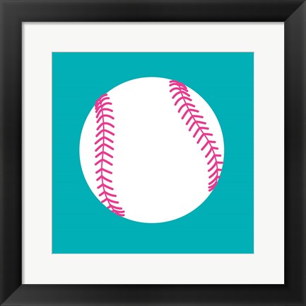 Framed White Softball on Teal Print