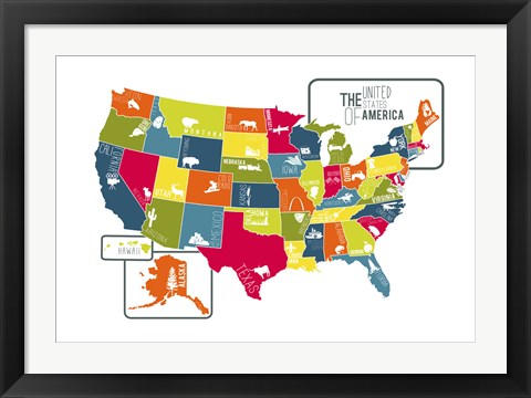 Framed USA Map (bright) Print