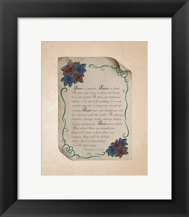 Framed Corinthians 13:4-8 Love is Patient - Rose Border Beige Print