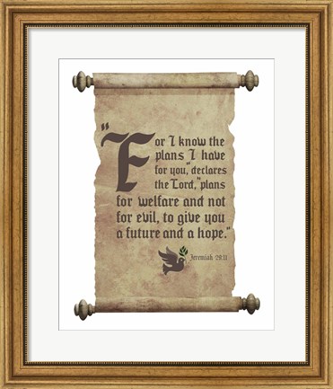 Framed Jeremiah 29:11 For I know the Plans I have for You (Dove on Scroll) Print