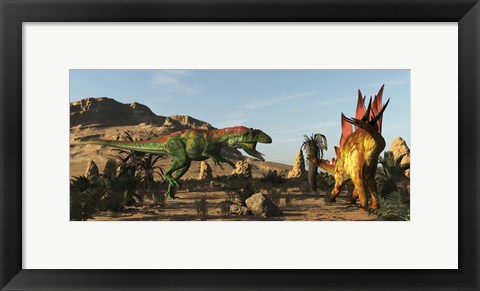 Framed Saurophaganax Dinosaur Attacks A Stegosaurus Print