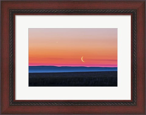 Framed Moon and Venus rising over the flat prairie horizon of Alberta, Canada Print
