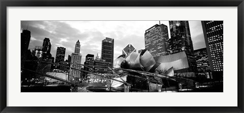 Framed Low angle view of buildings lit up at night, Millennium Park, Chicago, Illinois Print