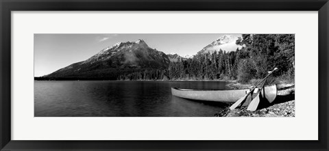 Framed Canoe in lake in front of mountains, Leigh Lake, Rockchuck Peak, Teton Range, Wyoming Print