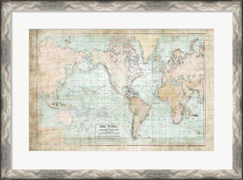 Framed World Map Vintage 1913 Print