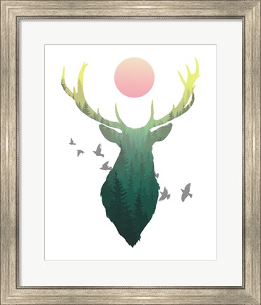Framed Green Ombre Forest in Stag Silhouette Print