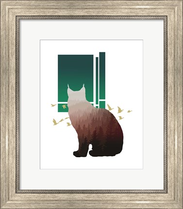 Framed Red Ombre Forest in Bobcat Silhouette Version 2 Print