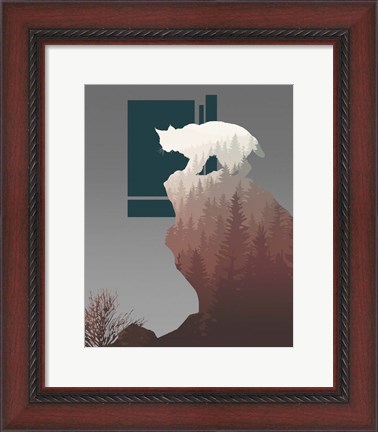 Framed Red Ombre Forest in Bobcat Silhouette Print