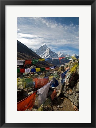 Framed Prayer flags, Everest Base Camp Trail, peak of Ama Dablam, Nepal Print