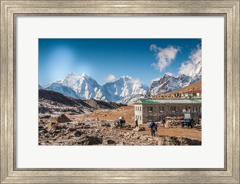 Framed Trekkers and yaks in Lobuche on a trail to Mt Everest Print