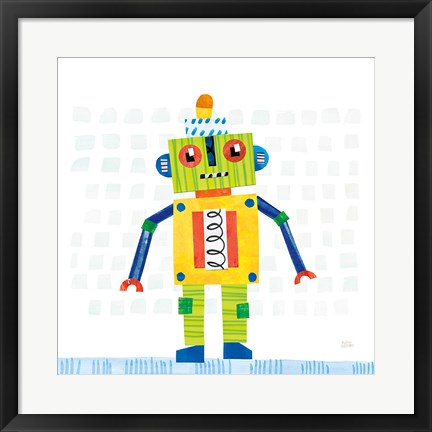 Framed Robot Party IV on Squares Print