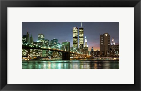 Framed Brooklyn Bridge and Twin Towers at Night Print